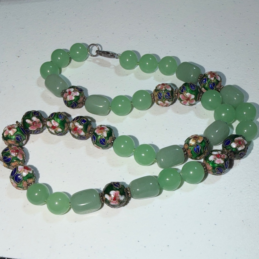 Vintage Chinese Export Jade Cloisonné Sterling Necklace 23.5" (1)